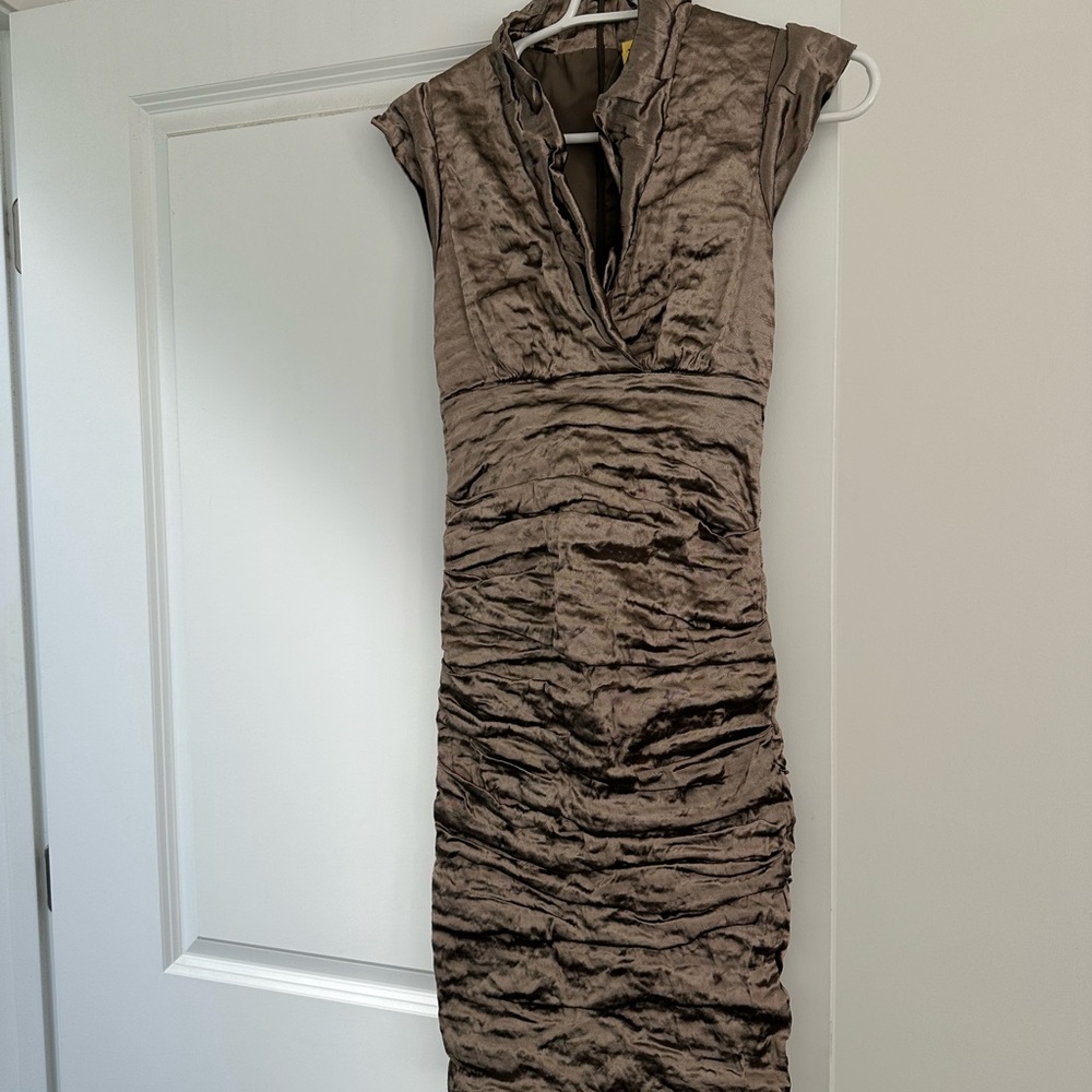 Nicole Miller Taupe Ruched Midi Dress